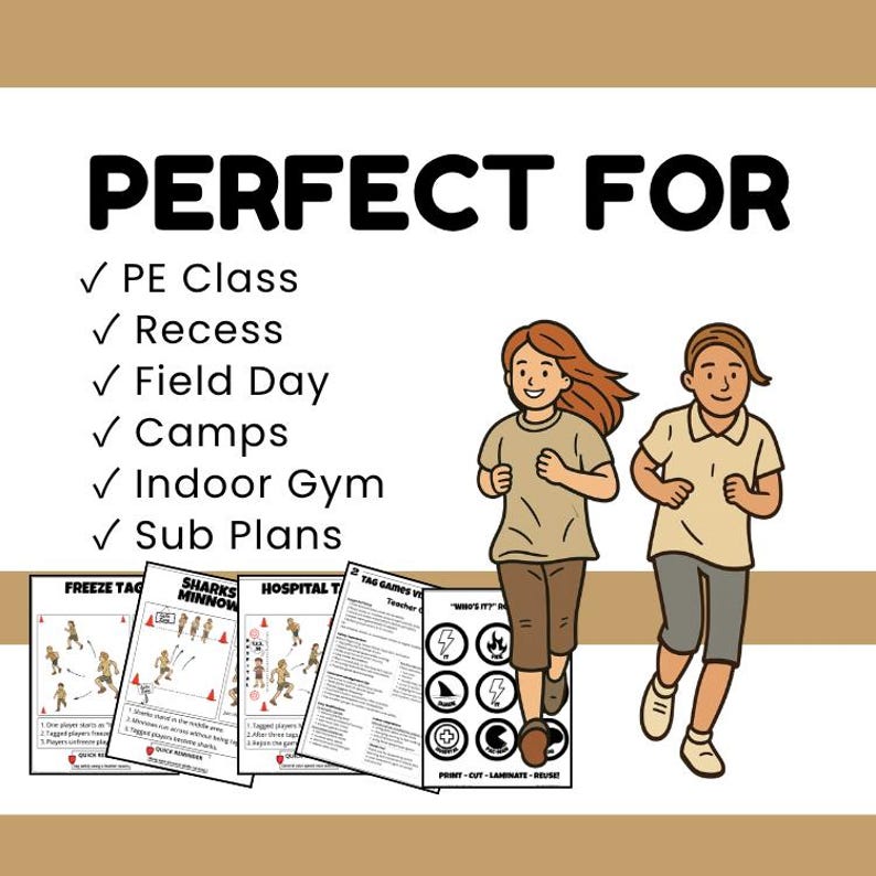 May include: Image features two cartoon children running, with text "PERFECT FOR" and a list of activities. Several game instruction sheets are visible. The image is designed for physical education, recess, field day, camps, indoor gym, and sub plans.