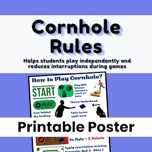 May include: A printable poster with the title "Cornhole Rules" in large black letters. The poster includes instructions on how to play cornhole, with illustrations and text. The poster is designed to help students play independently and reduce interruptions during games.
