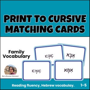 May include: Print to Cursive Matching Cards featuring Hebrew family vocabulary. The set includes white cards with blue borders displaying Hebrew text. The top text reads PRINT TO CURSIVE MATCHING CARDS, and the bottom text reads Reading fluency, Hebrew vocabulary. 1-5.
