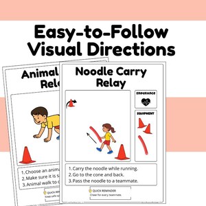 May include: Two instructional cards with the text "Easy-to-Follow Visual Directions." One card shows an "Animal Relay" with a child. The other card shows a "Noodle Carry Relay" with a child, cones, and a noodle. The cards have instructions.