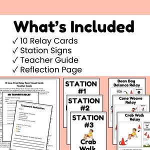 May include: Educational resources for relay races, featuring 10 relay cards, station signs, a teacher guide, and a reflection page. The materials include illustrations of relay activities such as the bean bag balance relay and crab walk relay. The text "What's Included" is at the top.
