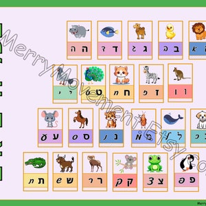 Cartel de animales Alfabeto hebreo/ פוסטר אלף בית חיות / Aula Alef-Bet Ivrit Bulletin Board/ Cartel del alfabeto de animales del dormitorio de los niños /