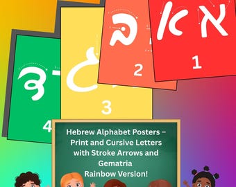 May include: Colorful Hebrew alphabet posters with print and cursive letters, stroke arrows, and gematria. The posters are in red, orange, yellow, and green. The image also includes illustrations of children and the text "Hebrew Alphabet Posters - Print and Cursive Letters with Stroke Arrows and Gematria Rainbow Version!"