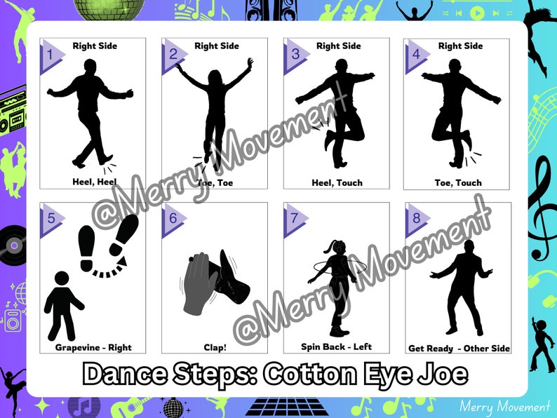 May include: A set of eight dance step cards for the Cotton Eye Joe dance. Each card features a black silhouette demonstrating a specific step, with instructions like "Heel, Heel" and "Toe, Touch." The cards are on a white background with a purple and teal border.