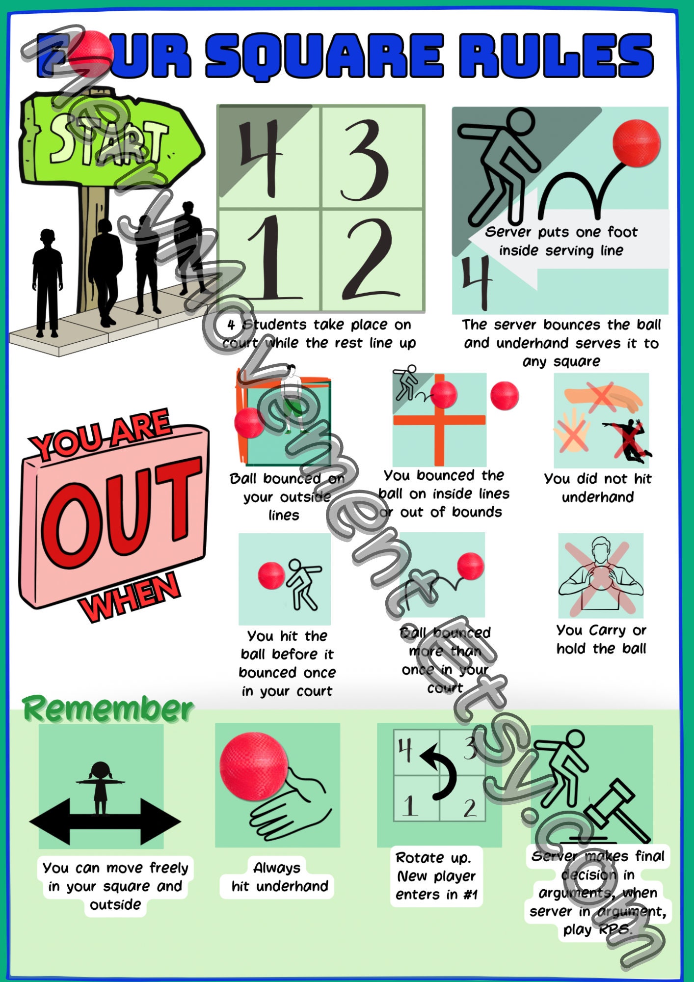 7 Posters Bundle Rules Signs Poster for 7 Games Gaga Ball, Tetherball