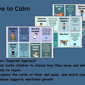 Peut inclure: Cartes illustr&eacute;es pour enfants, proposant des exercices de mouvement comme "Sauter comme un kangourou" et "Marcher comme un ours." Ces cartes visent &agrave; favoriser le calme et le d&eacute;veloppement &eacute;motionnel, avec le titre "Move to Calm."