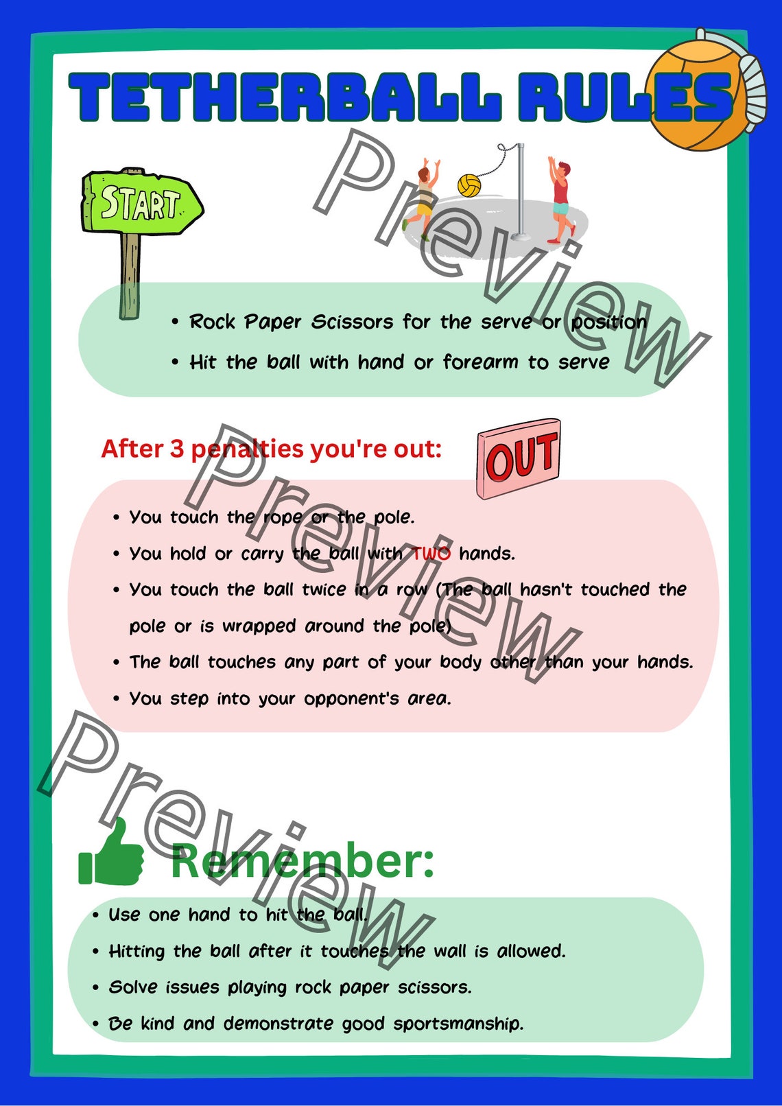 Tetherball Rules Sign| Poster for the Gym, Yard, Recess, and Playground ...