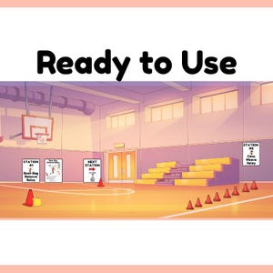 May include: An illustrated gymnasium scene with the text "Ready to Use". The image depicts activity stations with cones, signs, and a basketball hoop. The signs indicate activities like "Bean Bag Balance Relay" and "Cone Weave Relay".