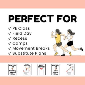 May include: An illustration with the text "PERFECT FOR" and a list of activities. Two figures are running. Below are activity station cards for PE class, field day, recess, camps, movement breaks, and substitute plans.