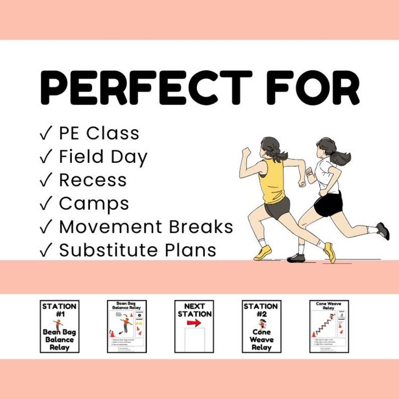 May include: An illustration with the text "PERFECT FOR" and a list of activities. Two figures are running. Below are activity station cards for PE class, field day, recess, camps, movement breaks, and substitute plans.