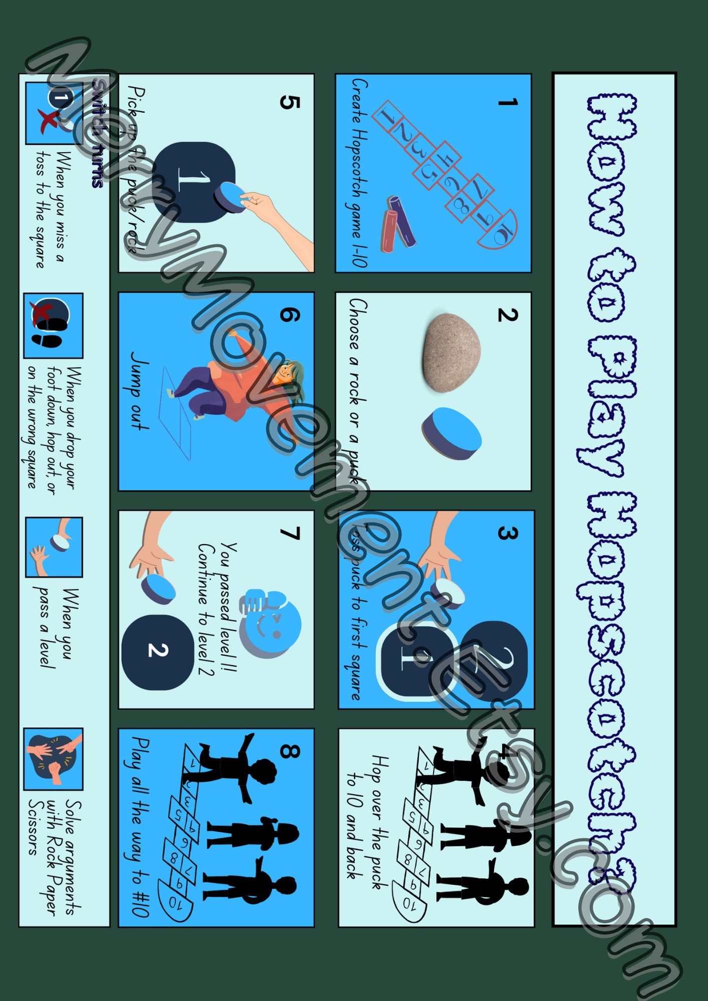 7 Posters Bundle Rules Signs Poster for 7 Games Gaga Ball, Tetherball