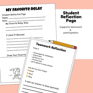 May include: White paper sheets with text, including "My Favorite Relay" and "Teamwork Reflection." A yellow pencil rests on the pages. The text includes prompts for student reflection and teamwork activities. The background is a light peach colour.