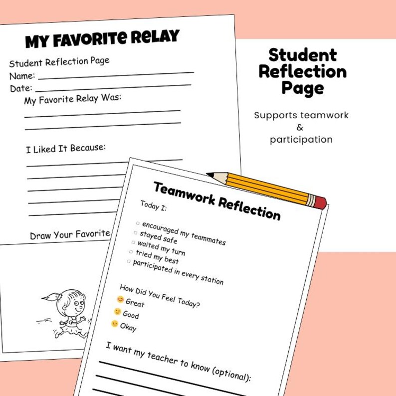May include: White paper sheets with text, including "My Favorite Relay" and "Teamwork Reflection." A yellow pencil rests on the pages. The text includes prompts for student reflection and teamwork activities. The background is a light peach colour.