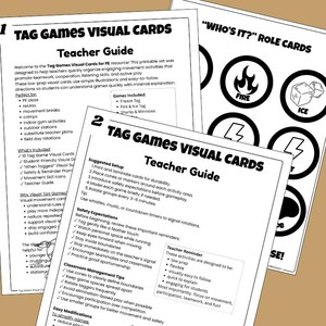May include: Printable "Tag Games Visual Cards" for PE, featuring a teacher's guide and role cards. The cards include instructions for games like Freeze Tag and Sharks & Minnows, designed to promote teamwork and active play. The cards are visually easy to follow.