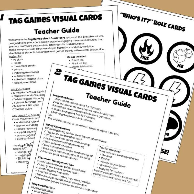 May include: Printable "Tag Games Visual Cards" for PE, featuring a teacher's guide and role cards. The cards include instructions for games like Freeze Tag and Sharks & Minnows, designed to promote teamwork and active play. The cards are visually easy to follow.
