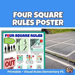 Four Square Rules Poster Printable, How to Play Four Square Sign, Illustrated Playground Game Rules, PE & Recess Activity, Elementary PE