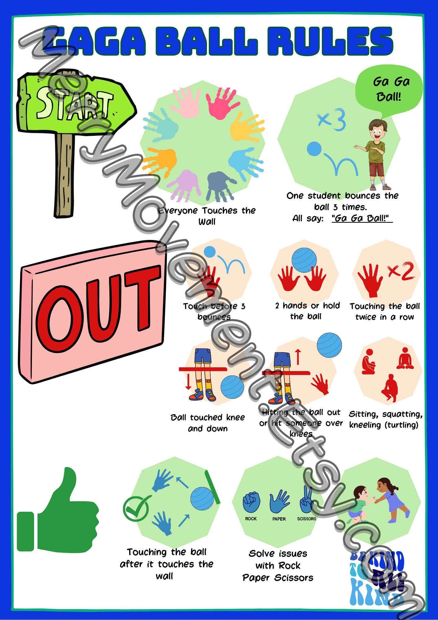 7 Posters Bundle Rules Signs Poster for 7 Games Gaga Ball, Tetherball