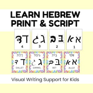 Puede incluir: Impresión educativa con letras y números hebreos. La imagen incluye el texto "LEARN HEBREW PRINT & SCRIPT" y "Visual Writing Support for Kids". La imagen muestra ejemplos de escritura de las letras.