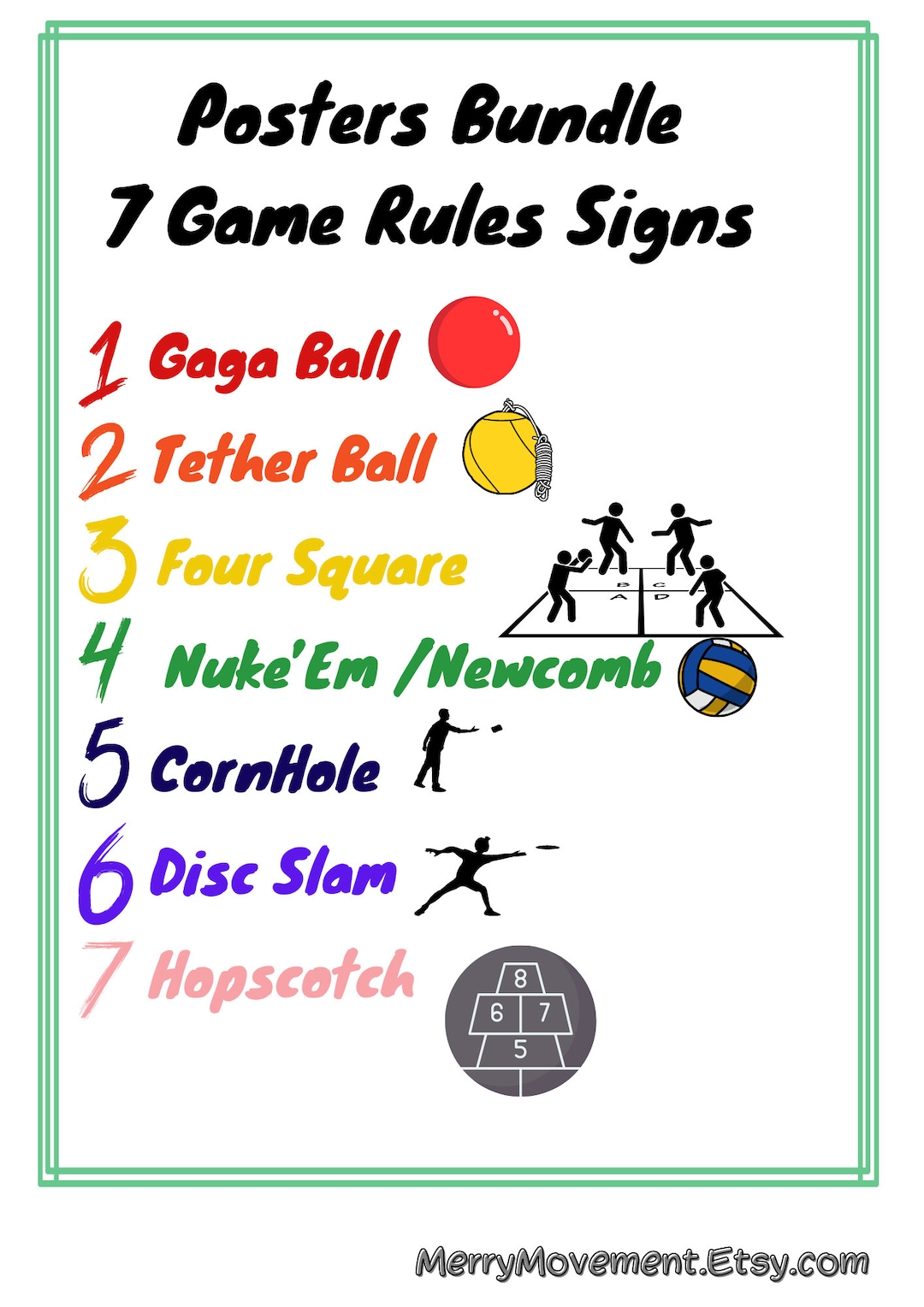 7 Posters Bundle Rules Signs Poster for 7 Games Gaga Ball, Tetherball