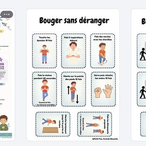 May include: Three educational posters with illustrations and text. The first poster is titled "MISSION RAPIDE" and features a cartoon boy. The second poster is titled "Bouger sans déranger" and shows exercise illustrations. The third poster also says "Bouger sans déranger" with stick figure illustrations.