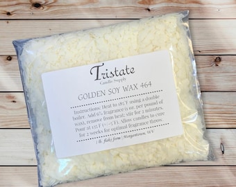 May include: A bag of white soy wax flakes labeled "Tristate Candle Supply Golden Soy Wax 464". The label includes instructions for using the wax, including melting temperature, fragrance percentage, and curing time.