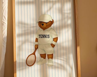 Tennis Bear Art, Trendy Art Prints, Tennis Wall Art, Blue Stripe Art, Bear Wall Art, Nursery Animal Art, Sports Bear Prints, Digital Prints