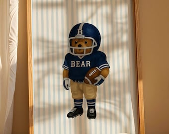 Football Bear Art, Trendy Art Prints, Football Art Print, Blue Stripe Art, Bear Wall Art, Nursery Animal Art, Sports Prints, Digital Prints