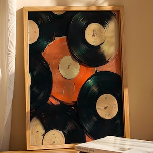 Discos vintage eclécticos, impresiones artísticas de moda, arte mural retro, arte excéntrico, póster musical, arte mural de vinilo, impresión de discos de vinilo, impresión digital