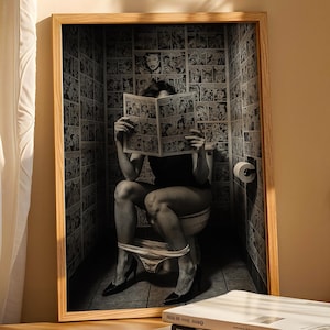 Girl Sitting on Toilet Print, Trendy Art Prints, Black and White Bathroom Prints, Retro Wall Art, Funny Bathroom Art, Digital Prints