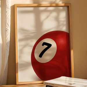 Lucky 7 Wall Art, wydruk 7 Ball, modne wydruki artystyczne, sztuka Pool Ball, wystrój pokoju gier, wydruk Billiards, retro wall art, czerwony wydruk, wydruk cyfrowy