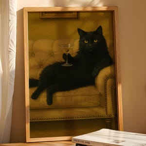 黒猫マティーニ、トレンディなアートプリント、猫マティーニプリント、バーカートの装飾、レトロな壁アート、マティーニアートプリント、猫バーアート、デジタルプリント