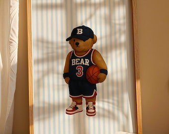 Basketball Wall Art, Trendy Art Prints, Blue Stripe Art, Bear Wall Art, Nursery Animal Art, Sports Bear Prints, Preppy Bear, Digital Print
