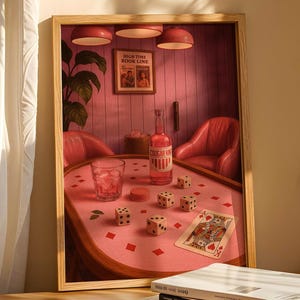 Sztuka ścienna Poker Night, modne wydruki artystyczne, koktajle i karty, sztuka ścienna retro, różowa sztuka ścienna, dziewczęcy wystrój pokoju, sztuka na wózek barowy, wydruk cyfrowy