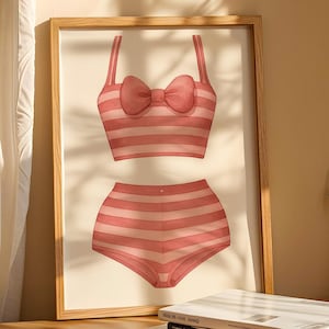 Striped Bikini, Trendy Art Prints, Pink Bikini Wall Art, Retro Beach Art Print, Bathing Suits Wall Art, Pink Wall Art, Digital Prints