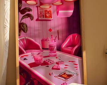 Poker Bar Retro Wall Art Print Trendy Funky Decor, Groovy Poster Bar Decor, Girly Wall Art, Pink Dorm Decor for College Girls, Digital Print