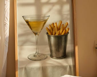 Impressão artística de Martini e Batatas Fritas, Decoração Moderna para Carrinho de Bar (Download Digital)