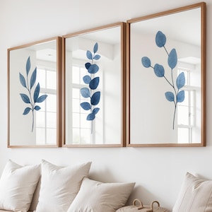 Flowers Wall Art, Set Of 3 Prints, Trendy Art Prints, Botanical Wall Art, Leaf Wall Prints, Minimalist Art, Blue Floral Art, Digital Prints