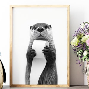 Papel higiénico de nutria, impresiones artísticas de moda, arte de pared de animales para el baño, póster de nutria, decoración de baño en blanco y negro, impresión digital