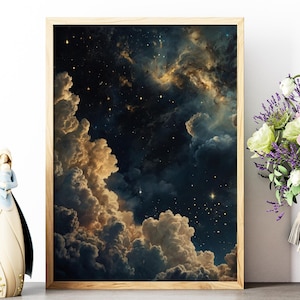 Arte mural celestial, impresiones artísticas de moda, arte mural melancólico, impresión de cielo nocturno, arte galáctico, arte mural azul dorado, póster de noche estrellada, impresión digital