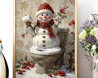 Pupazzo di neve in bagno, stampe artistiche alla moda, stampa divertente per il bagno, pupazzo di neve in bagno, arte murale retrò, decorazioni murali natalizie, stampa digitale