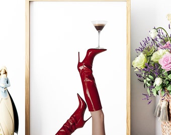 Rode laarzen print, espresso martini, trendy kunstprints, girly muurkunst, martini art print, feministische muurposter, retro muurkunst, digitale print