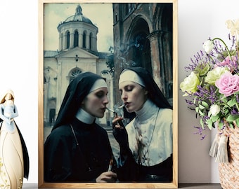 Nonnen rauchen, Wandkunst, feministische Dekoration, Retro-Wanddekor, dunkler Kunstdruck, trendige Kunstdrucke, Stoner Nonne Poster, Wohndekoration, Digitaldrucke