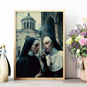Nonnen rauchen, Wandkunst, feministische Dekoration, Retro-Wanddekor, dunkler Kunstdruck, trendige Kunstdrucke, Stoner Nonne Poster, Wohndekoration, Digitaldrucke