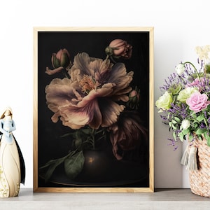 Dark Flower Wall Art, Printable Wall Decor, Vintage Floral Art, Moody Flower Print, Antique Dark Botanical Instants Downloadable Prints