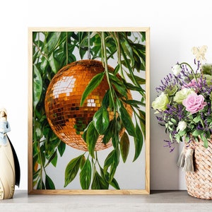 Pomarańczowa kula dyskotekowa, modne wydruki artystyczne, plakat z lustrzaną kulą, wydruk na wózku barowym, sztuka ścienna retro, sztuka ścienna do kuchni, wydruk na kuli dyskotekowej, wydruk cyfrowy
