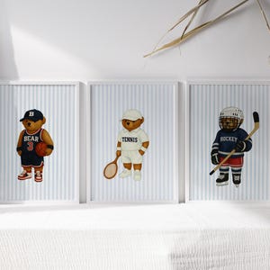 Sports Bear Prints, Set of 3 Wall Art, Trendy Art Prints, Tennis Wall Art, Hockey Art, Basketball Art, Nursery Animal Art, Digital Prints