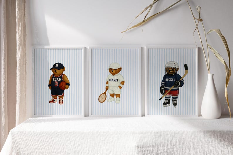 Sports Bear Prints, Set of 3 Wall Art, Trendy Art Prints, Tennis Wall Art, Hockey Art, Basketball Art, Nursery Animal Art, Digital Prints