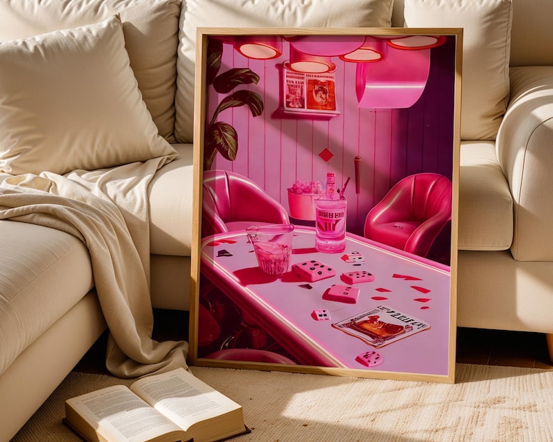 Poker Bar Retro Wall Art Print Trendy Funky Decor, Groovy Poster Bar Decor, Girly Wall Art, Pink Dorm Decor for College Girls, Feminist Art, Cool Girl Art, Pink Wall Art, Printable Wall Art, Poker Night Art, Digital Print
