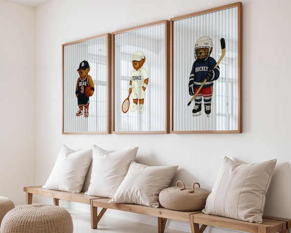 Sports Bear Prints, Set of 3 Wall Art, Trendy Art Prints, Tennis Wall Art, Hockey Art, Basketball Art, Nursery Animal Art, Digital Prints