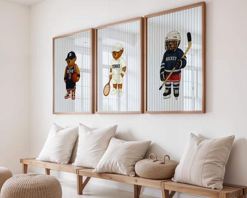 Sports Bear Prints, Set of 3 Wall Art, Trendy Art Prints, Tennis Wall Art, Hockey Art, Basketball Art, Nursery Animal Art, Digital Prints